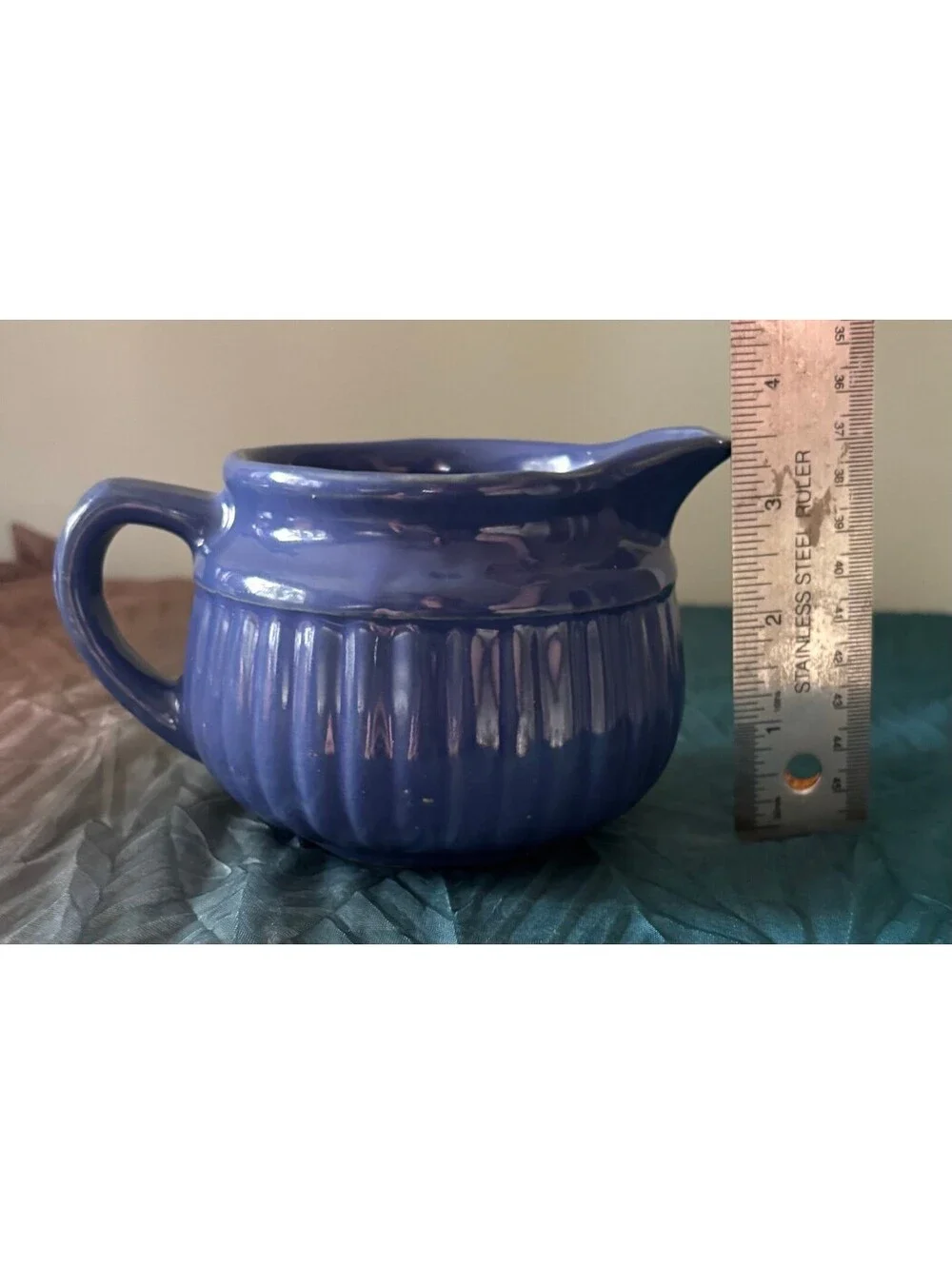 Vintage Cobalt Blue Pottery Creamer Pitcher Ribbed Ceramic Farmhouse